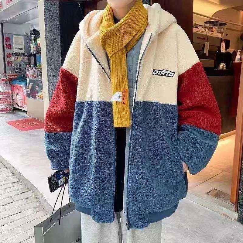 Y2K fashion Lambswool cotton padded jacket mens autumn and winter new hoodie lazy style Lambswool cotton padded jacket loose jacket W241024