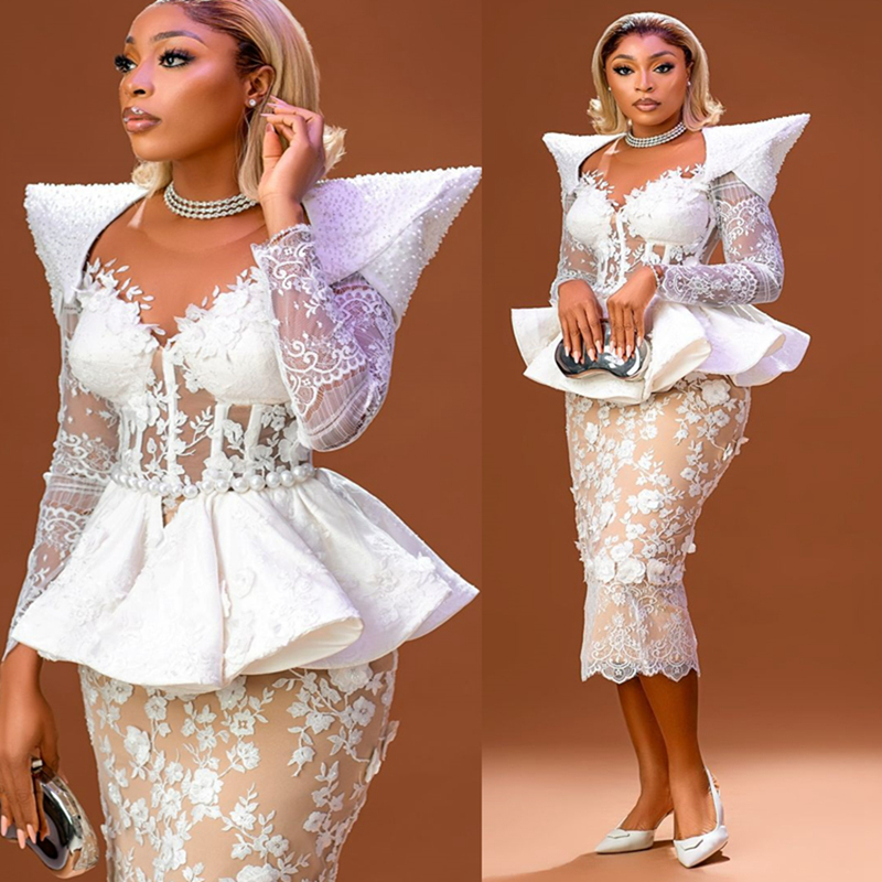 2024 Short African Wedding Dress Bridal Gowns For Bride Illusion Long Sleeves Sheer Neck Beaded Lace Pearls Plated Wedding Gowns For Black Women Marri