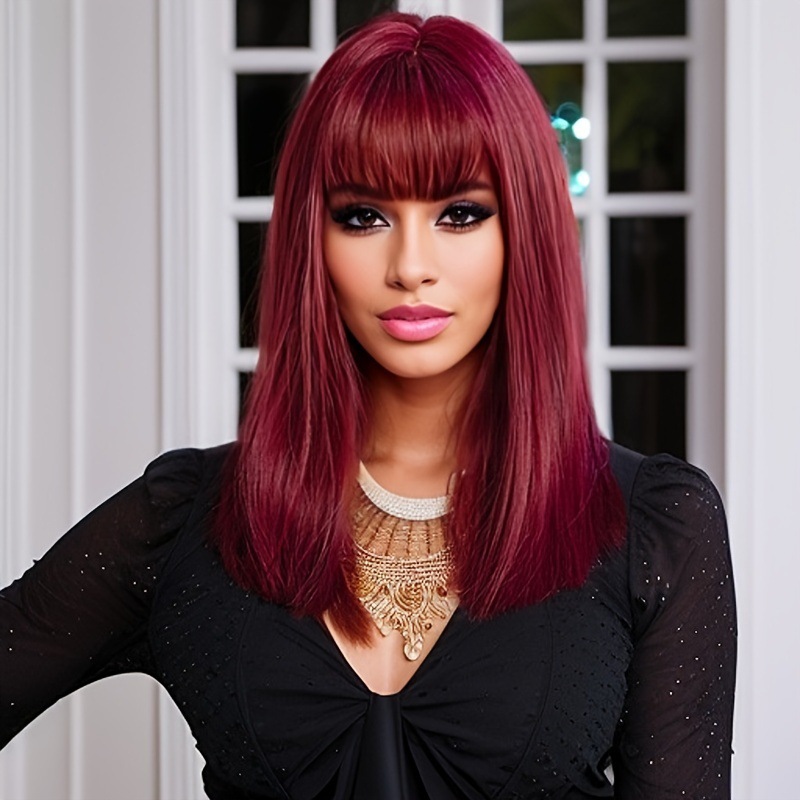 Beautiful girl long straight hair chemical fiber full head wig bangs wine red medium long hair wig