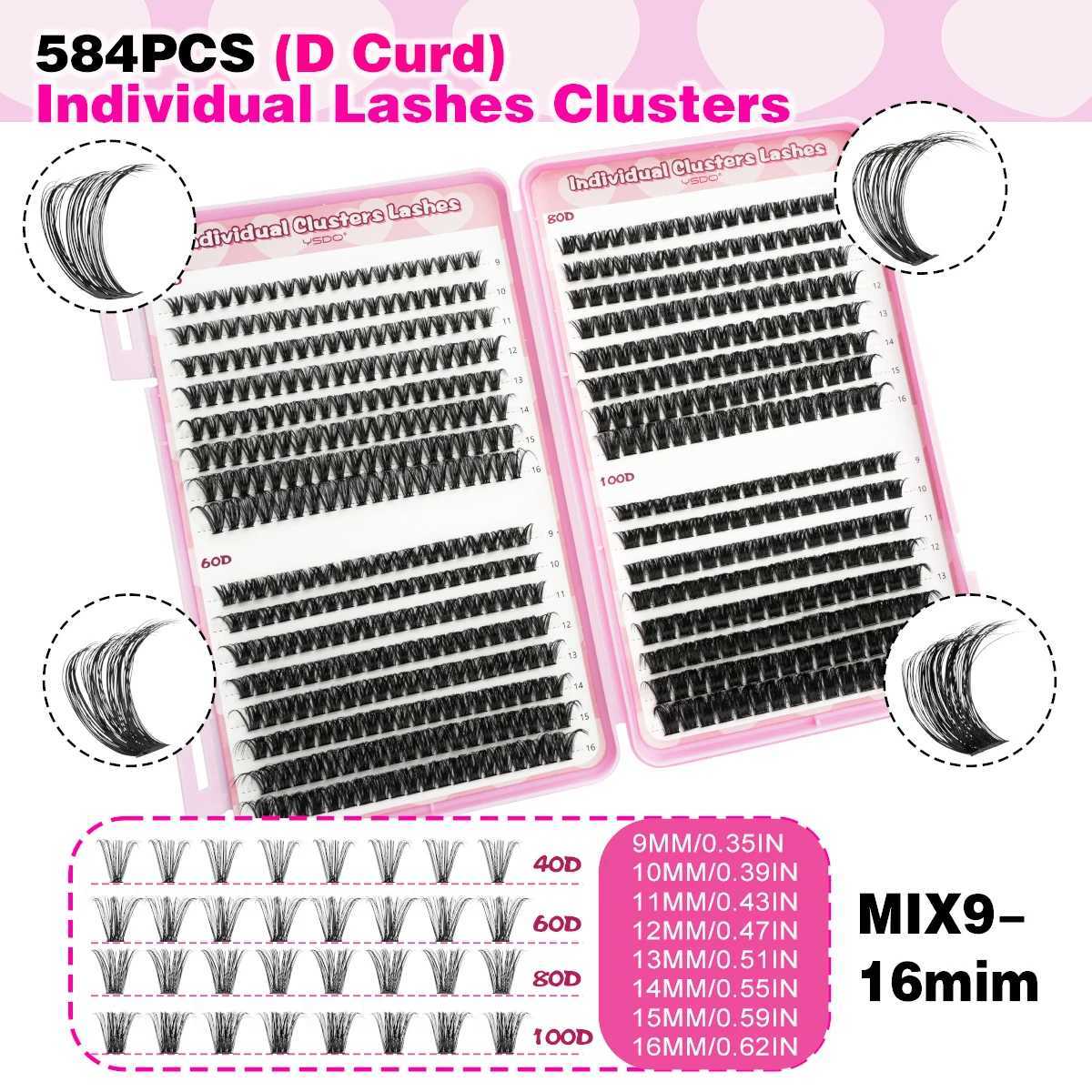 YSDO DIY eyelash extension kit 14/32P personal eyelash set D curled 9-16mm mixed 30D-120D eyelash clusters with adhesive and sealingW241024