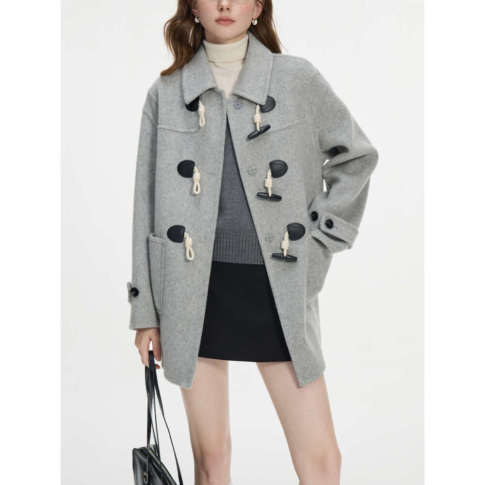 FSLE 100% Wool Two Color College Style Cowl Button Reversible Tweed Coat For Women 2024 Winter New Design Casual Jacket24fs14239