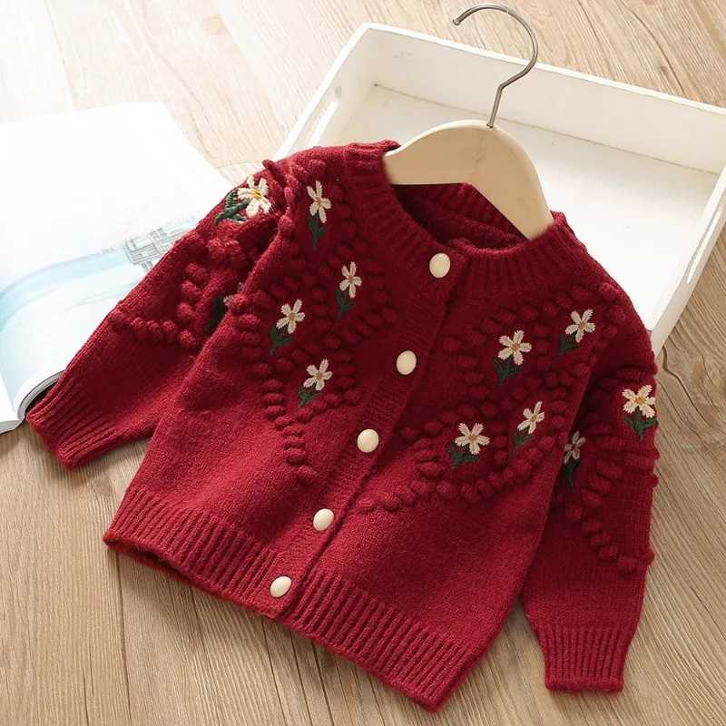 Girls autumn clothing sweet flower childrens sweaters embroidered knitted cardigans warm childrens jackets Korean baby clothing W241025