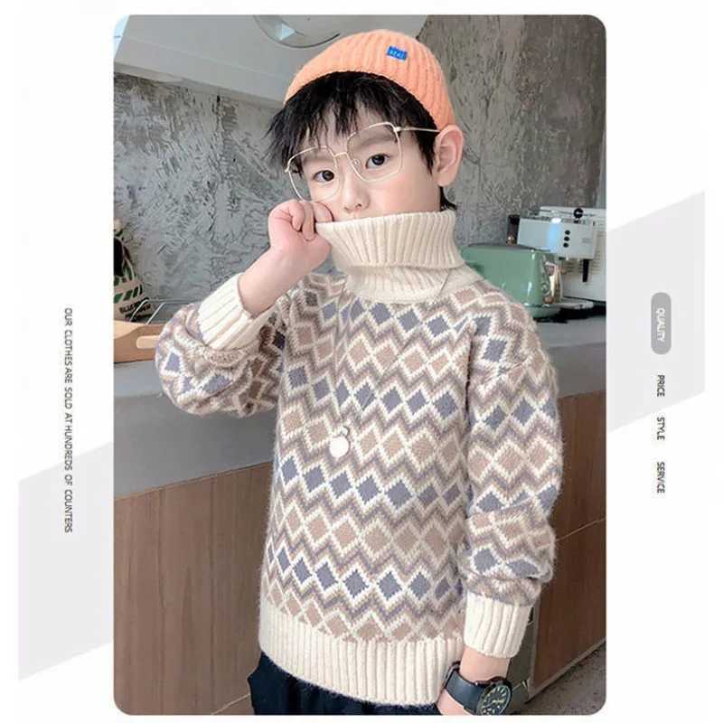 Autumn Children Boys Sweaters Cotton Argyle Thick Turtle Neck Babies Boys Pullover Long Sleeve Knitted Preschool Boys Bottom Top W241025