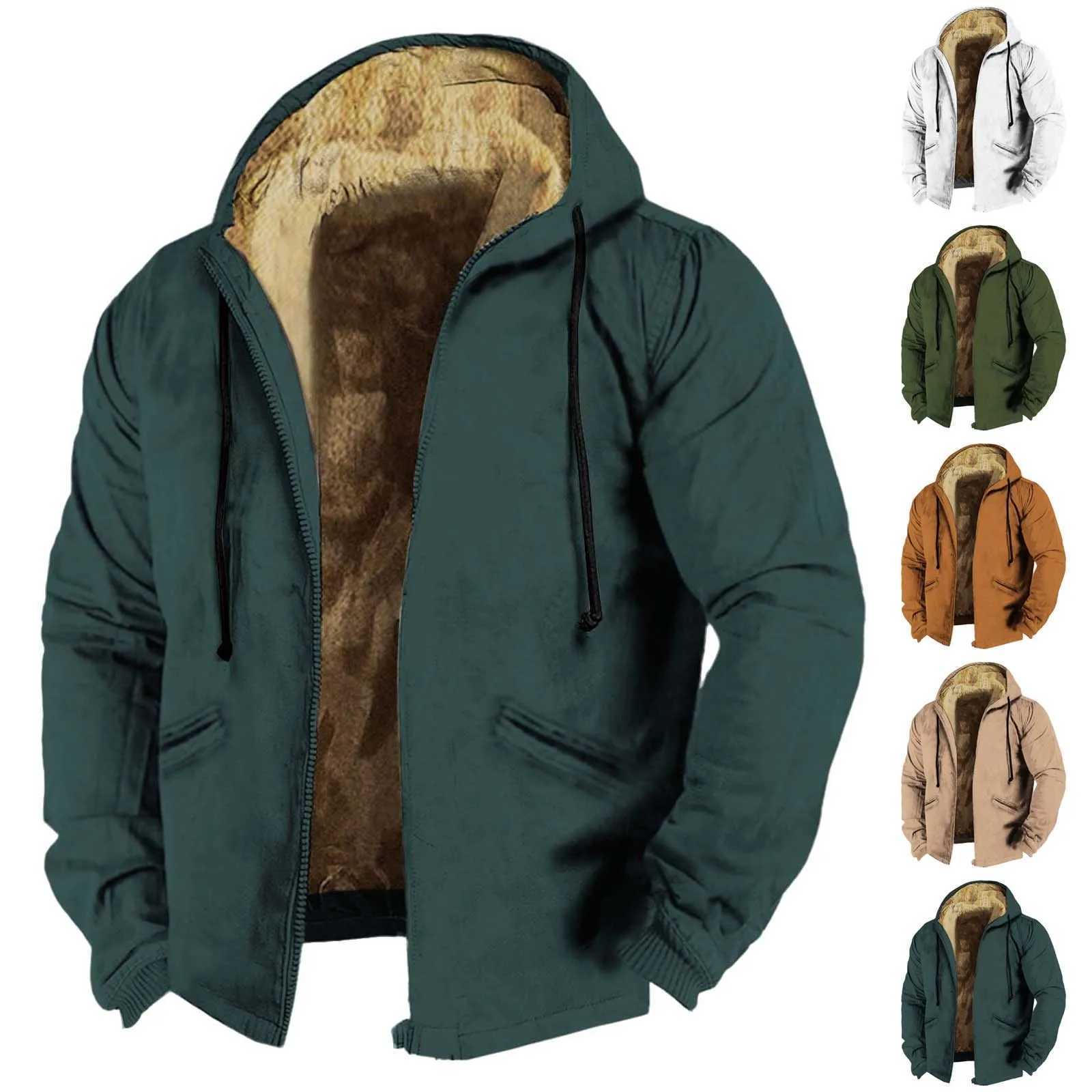 Mens hooded plush lined jacket thick zipper Lambswool jacket long sleeved sweater jacket solid color hooded sweater W241024