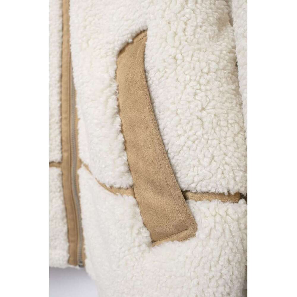 TRAFZA Women Fall Winter Jacket Lapel Contrasting Color Zipper Pocket New Fashion Casual Classic Fleece Coat