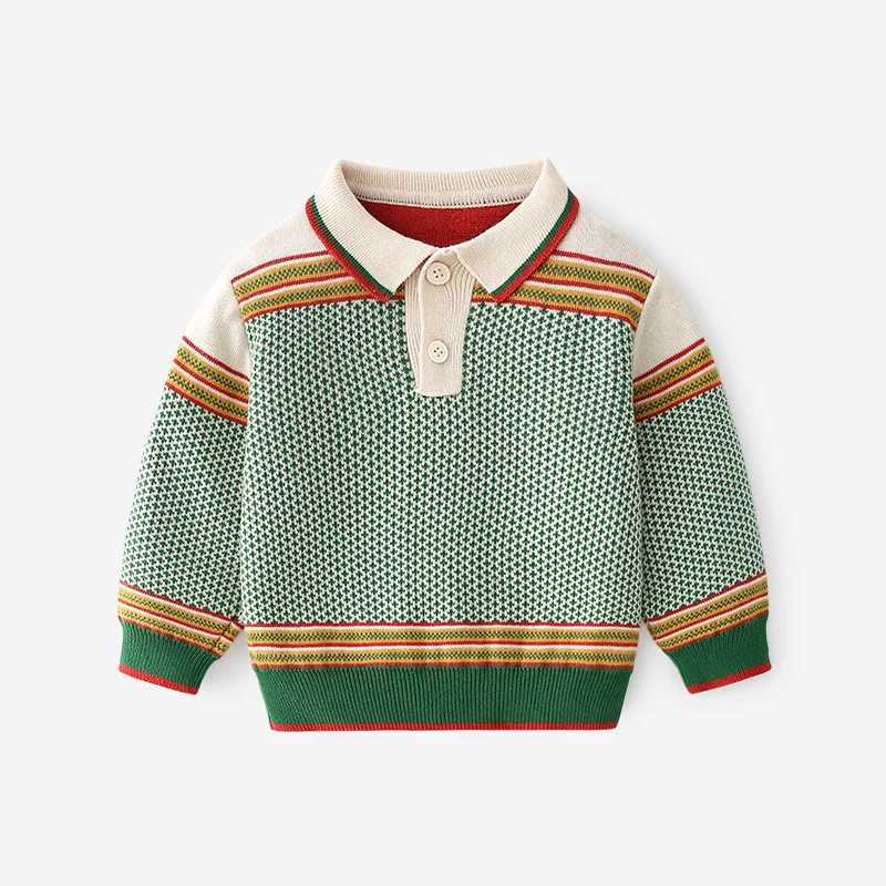 Autumn and winter childrens polo shirt striped patch thickened childrens boy baby boy Pullover cotton elastic hem little boy sweater W241025