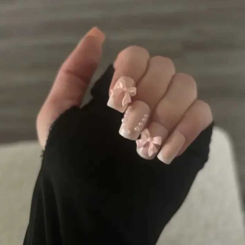 24Pcs Pinkish Press on Nails Set Short Square 3D Bow Pearl Design Sweet False Nails for Women Girls French Nail Tips SalonXJ241025