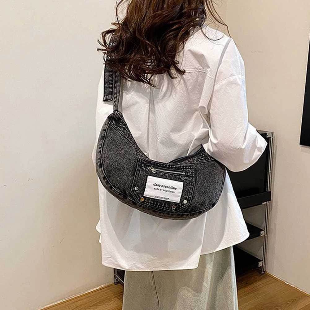 Denim Shoulder Bag Adjustable Strap Women Crescent Dual Pockets Messenger Zipper Travel Shopping Purse 241025