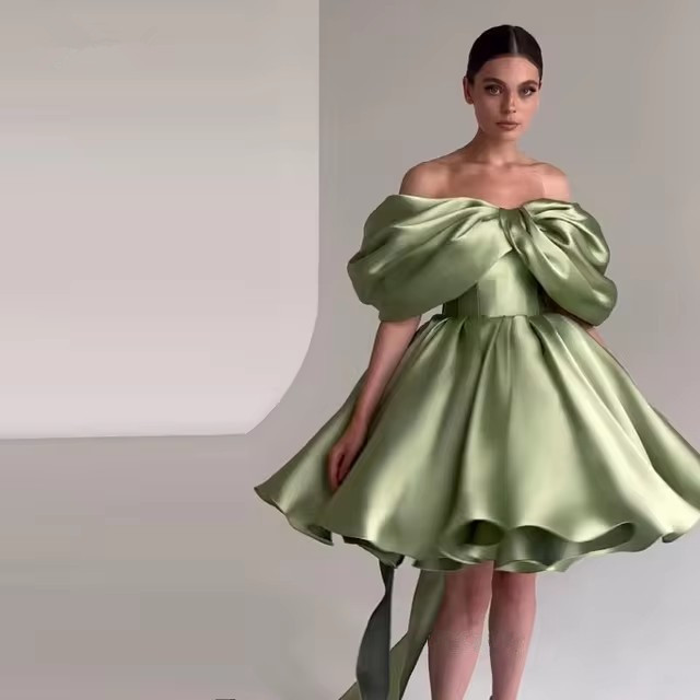 Green Mini Ball Gown Off the Shoulder Short Prom Party Dress A-line Draped Above Knee Homecoming Evening Dresses Custom Made Lace-up