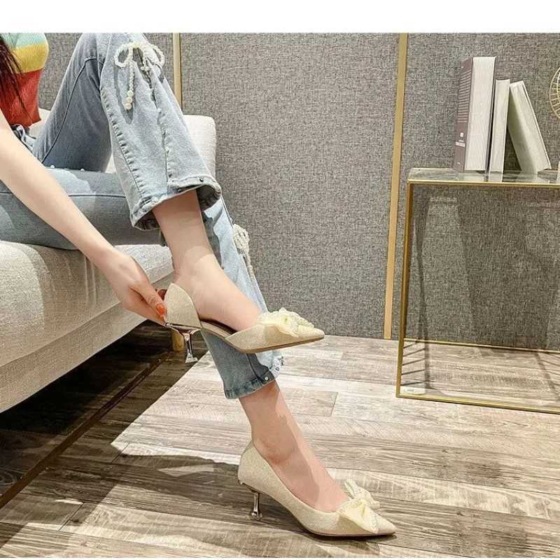 High Quality Womens High Heels Spring/Summer New Hollow Girl Dot Pearl Bow Stiletto High Heels Party Single Shoes Womens Pump Sandals T241024
