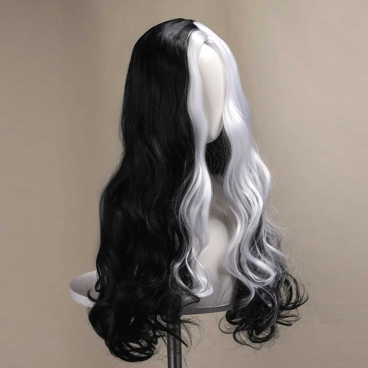 28 inch long scroll black and white composite Wig used for holiday parties and Halloween role-playingW241025