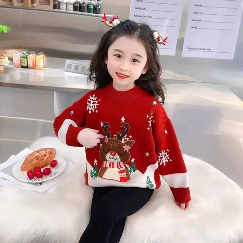 Childrens girls Christmas deer zipper sweater 2024 autumn and winter new snowflake knitted baby fashion sweater winter clothing W241025