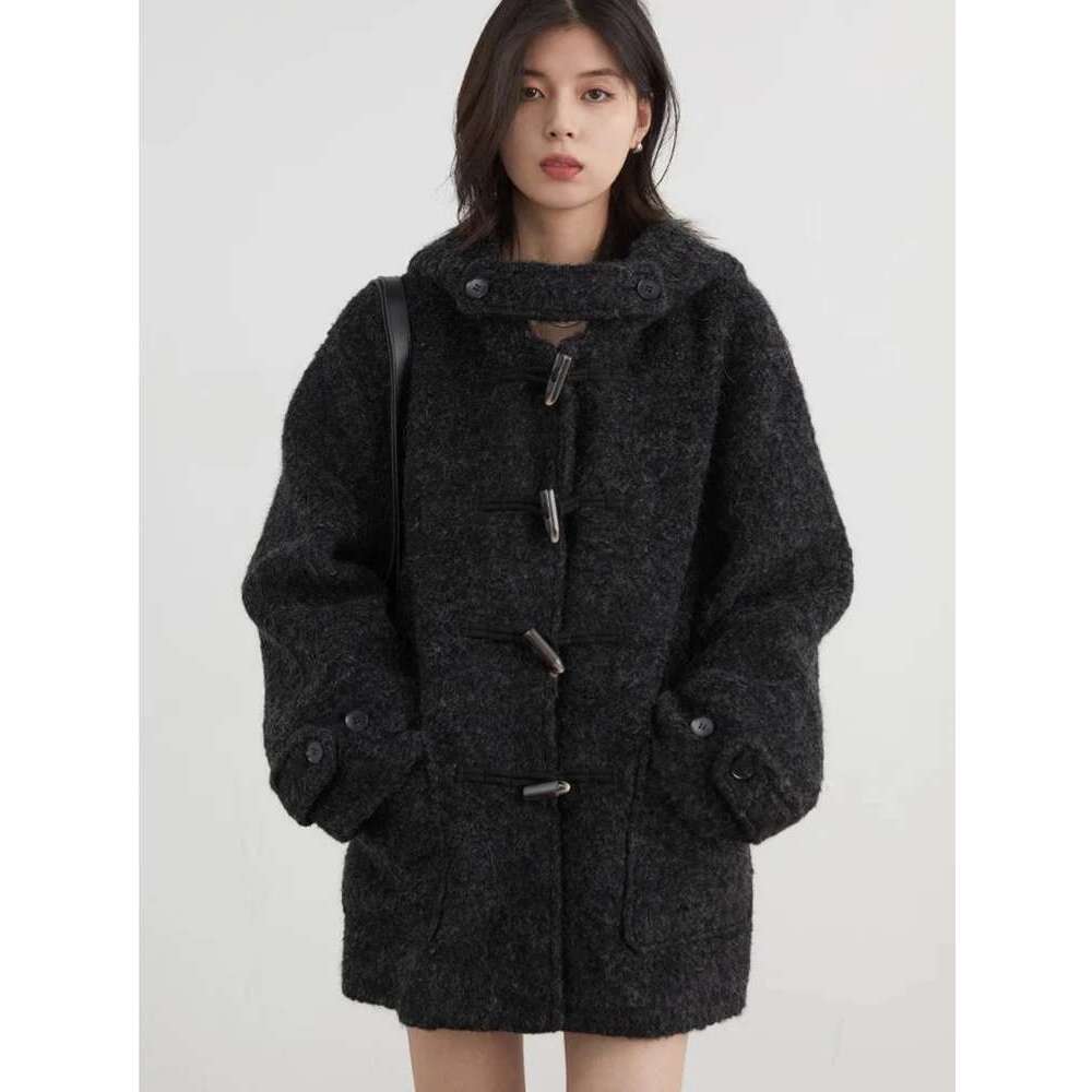 CHIC VEN Women's Woolen Loose Solid New Korean Black Coat Cow Horn Buckle Female Hooded Jacket Outerwear Autumn Winter 2024