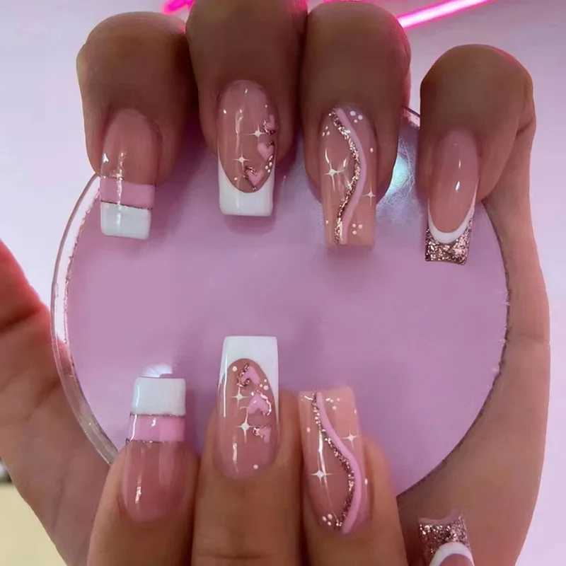 24pcs French Fake Nails Mid Length Version Press Stick On False with Designs Full Cover Artificial Pink Wearable Clear Jelly GelXJ241025