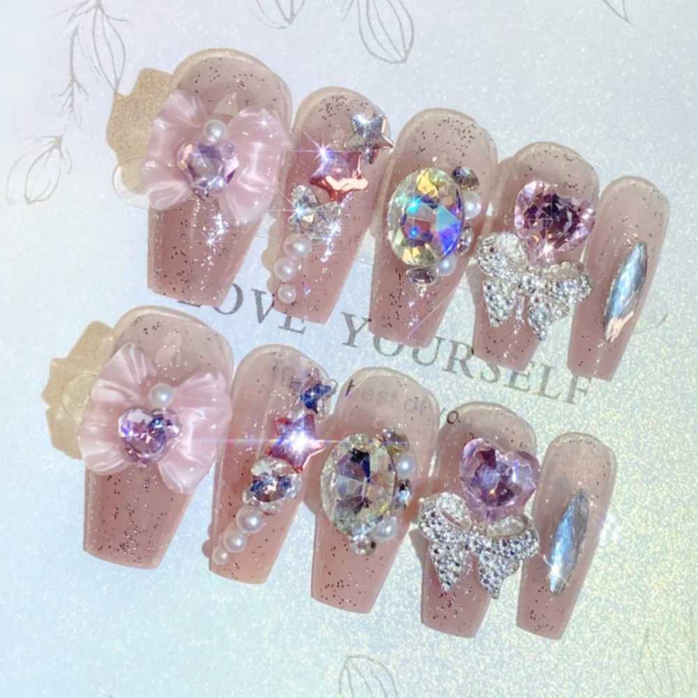 24Pcs Acrylic Handmade Press on Nails Medium Ballerina Fake Nails with Butterfly Rhinestone Wedding False Nails Party for GirlsXJ241025