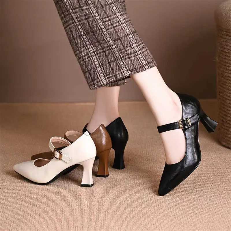 High Quality Brown Black Mary Jane Pump Womens Fi Dot Short and Fat High Heels Elegant Simple Solid Color Office Womens Shoes T241024