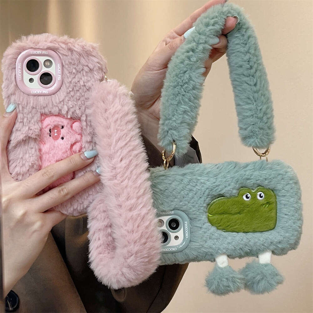 Plush shoulder bag handbag suitable for Apple 15PROMAX phone case 14 cartoon 13 autumn 12 winter 11 dinosaur pig