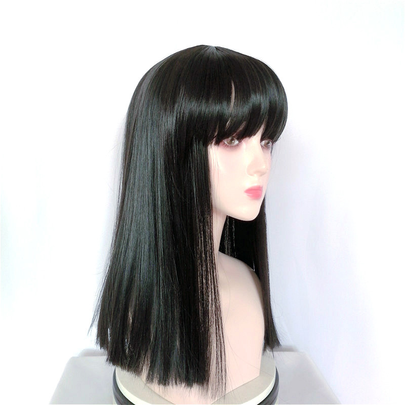 Beautiful girl long straight hair chemical fiber full head wig bangs wine red medium long hair wig