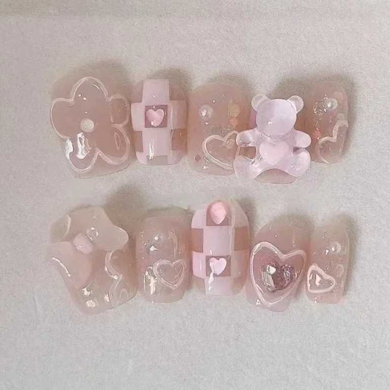 10pcs Handmade Acrylic Fake Nails with Glue Ballet Handmade Pearl Love Blush Pink Artificial Nails Full Cover Press on Nails TipXJ241025