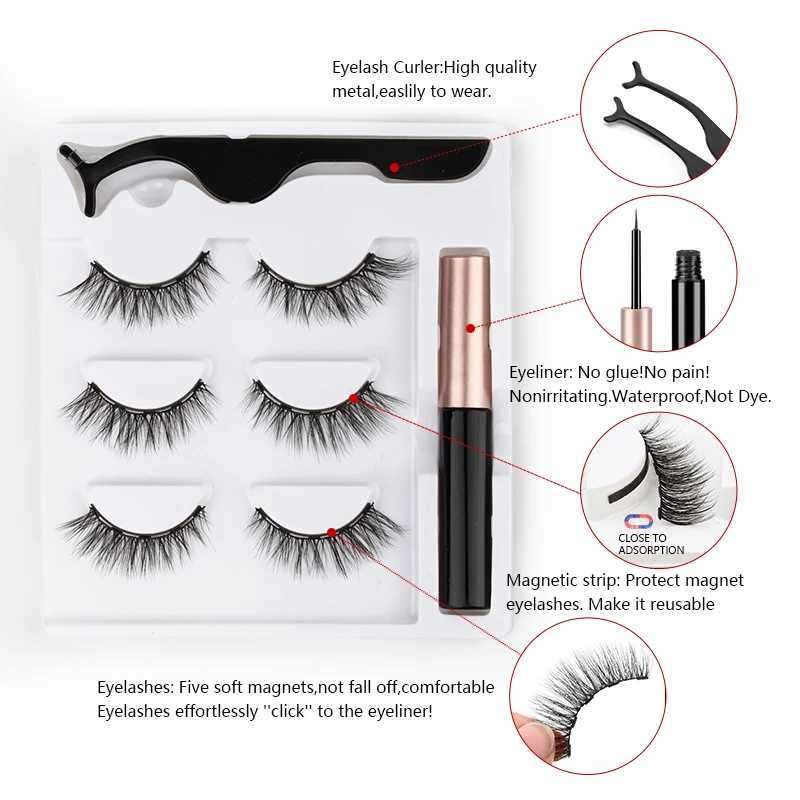 Magnetic eyelash set 1/2/3 pairs of natural long false eyelashes soft mink skin waterproof liquid eyeliner embossing makeup toolW241024