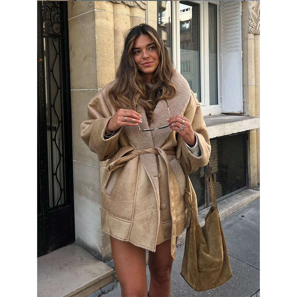 Fashion Adjustable Lace-Up Lapel Plush Coat Warm Full Sleeve Single-Breasted Double Pockets Slim Jacket New Lady Streetwear