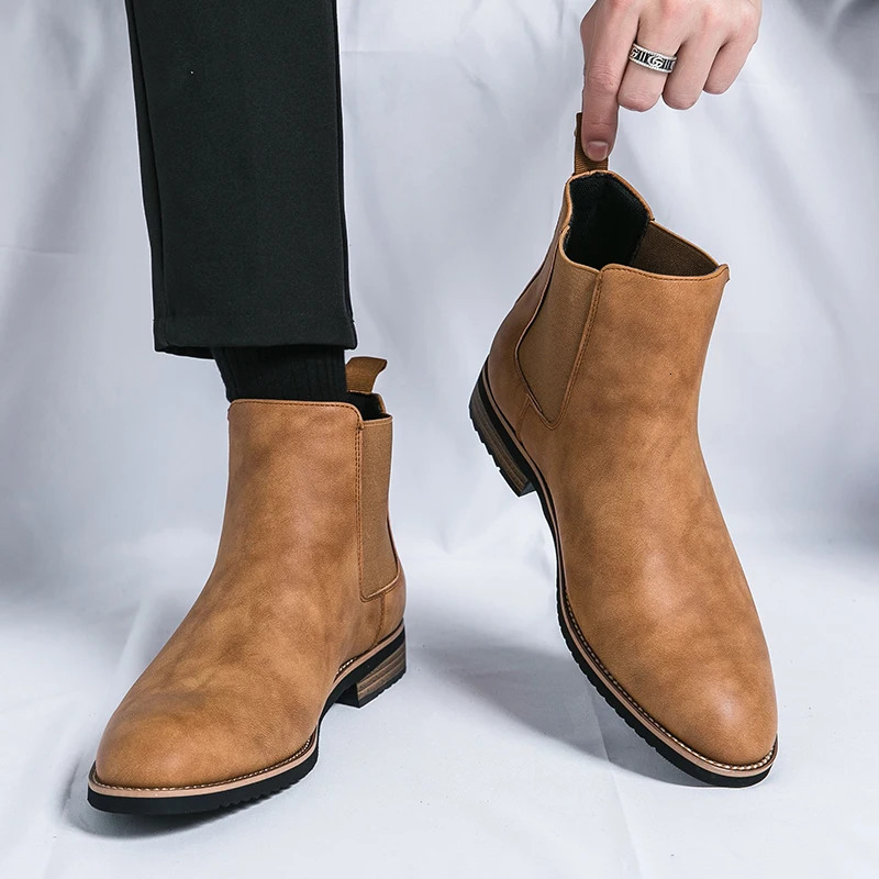 Mens Chelsea boots mens fashion high heels short toe Chelsea high heels leather shoes 241024