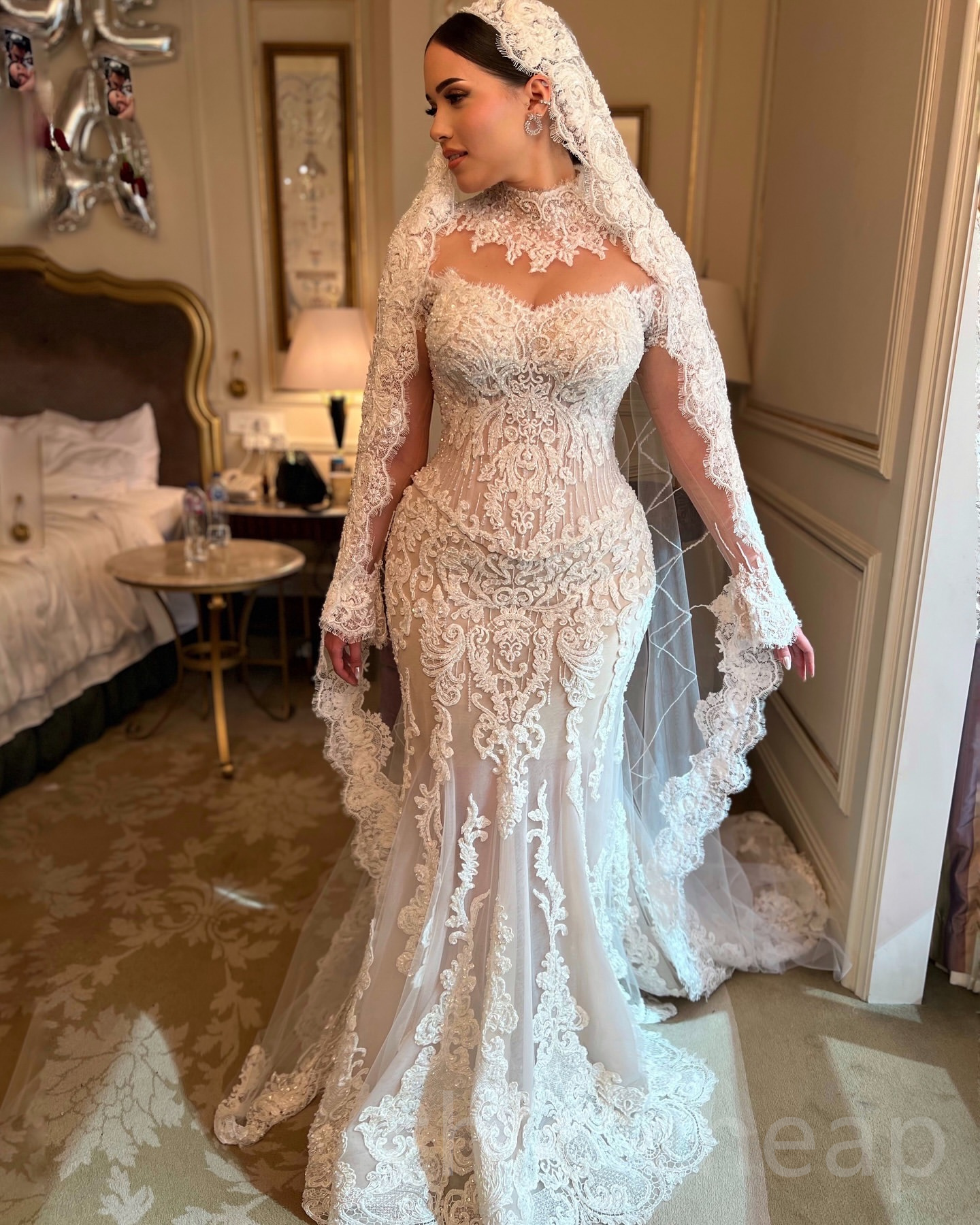 2024 Arabic Aso Ebi Plus Size Ivory Mermaid Wedding Dresses Beaded Lace Full Sleeves Vintage Illusion Bridal Gowns Dress ZJ044