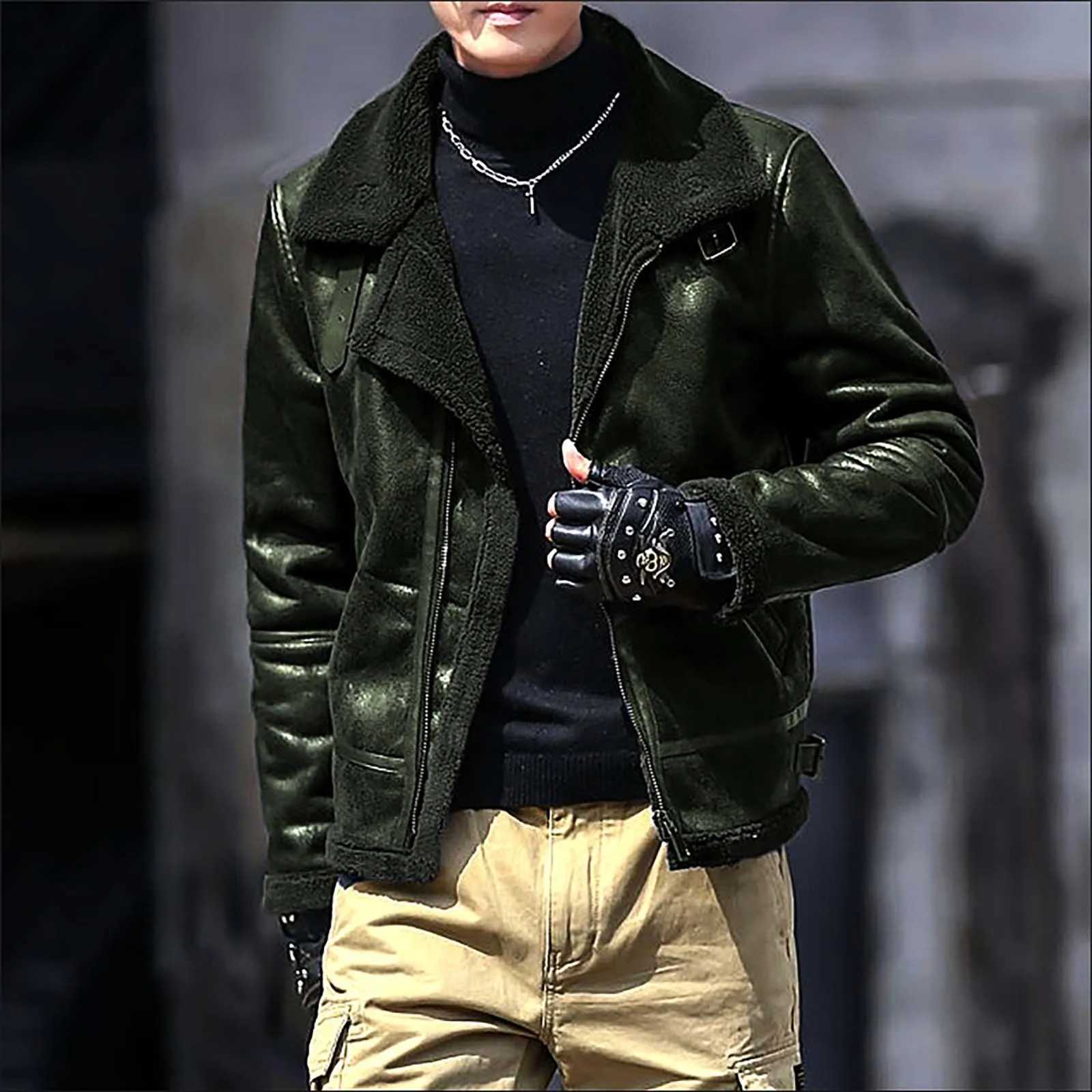 Mens Lambswool lined jacket thick hot zipper wool warm jacket outdoor motorcycle drive warm jacket W241024