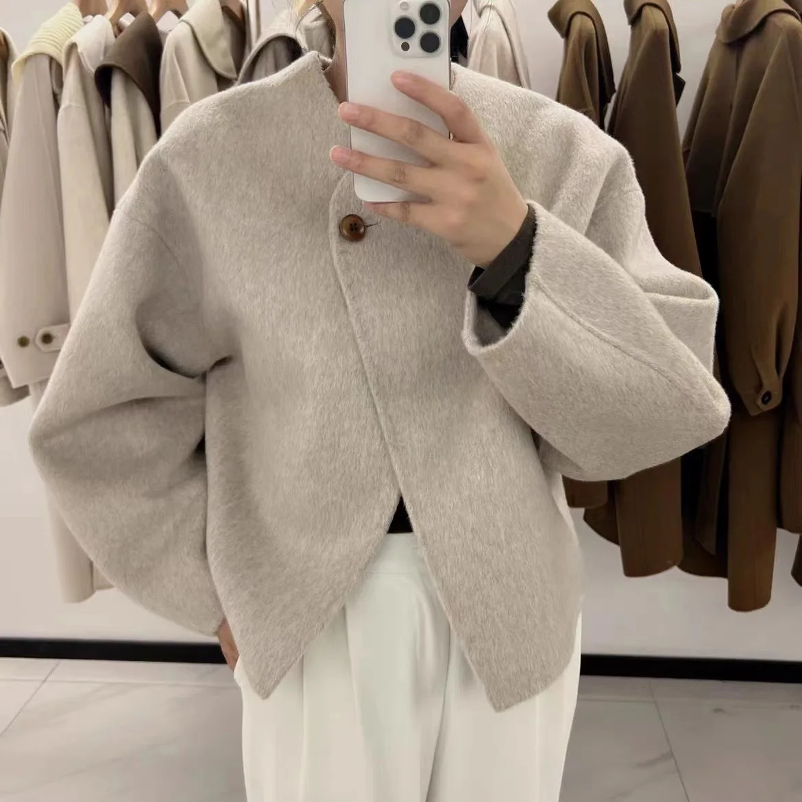 Scarf Short Beige Coat Women Autumn Patchwork Long Sleeve Loose Female Cardigan Elegant Double Sided Chic Streetwear