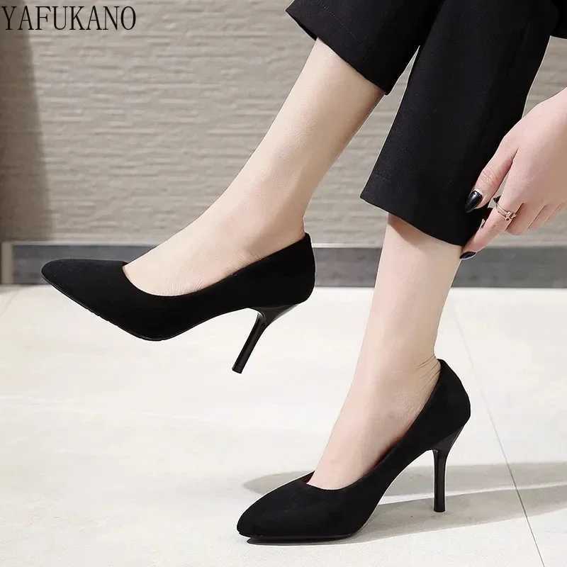 High Quality Hot womens shoes black angular toe suede professional office work shoes slim high heels sexy casual pump small size single shoes 32 33 T2