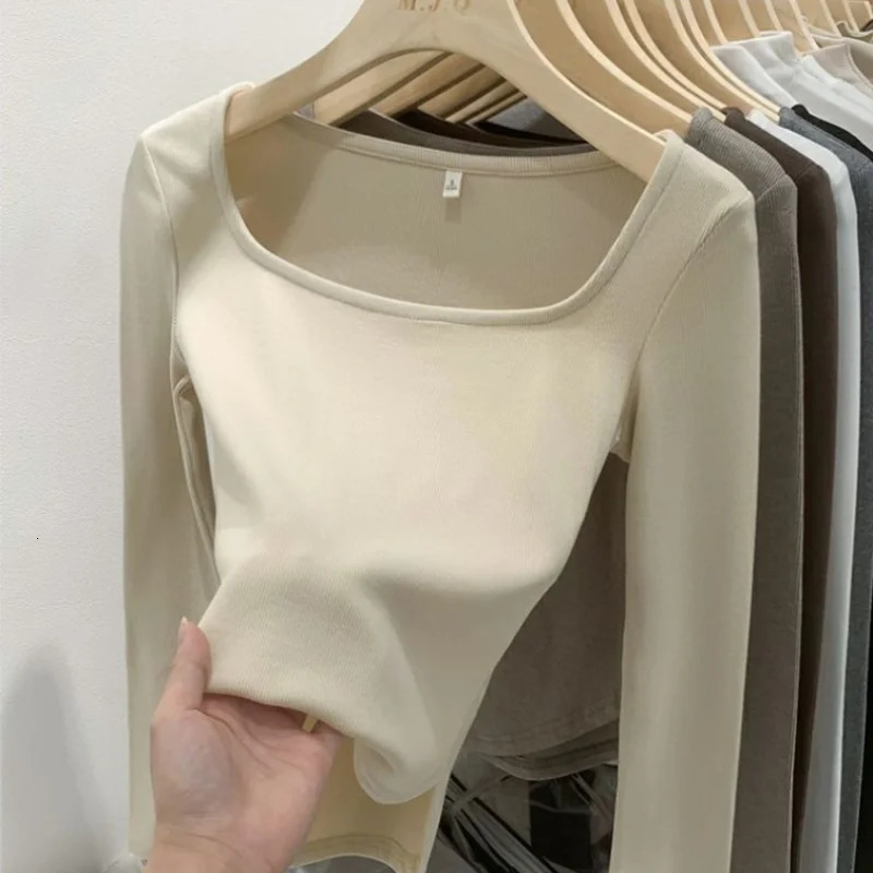 U Neck Long Sleeve Shirt Women Warm Fleece Sexy Cropped Tops Autumn Winter Black Casual Skinny Slim Basic T Shirt Woman 241024