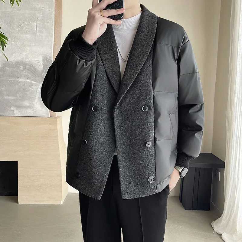 Mens winter wool splicing cotton pad business casual thick warm jacket Korean streetwear fashion Parkas jacket W241024