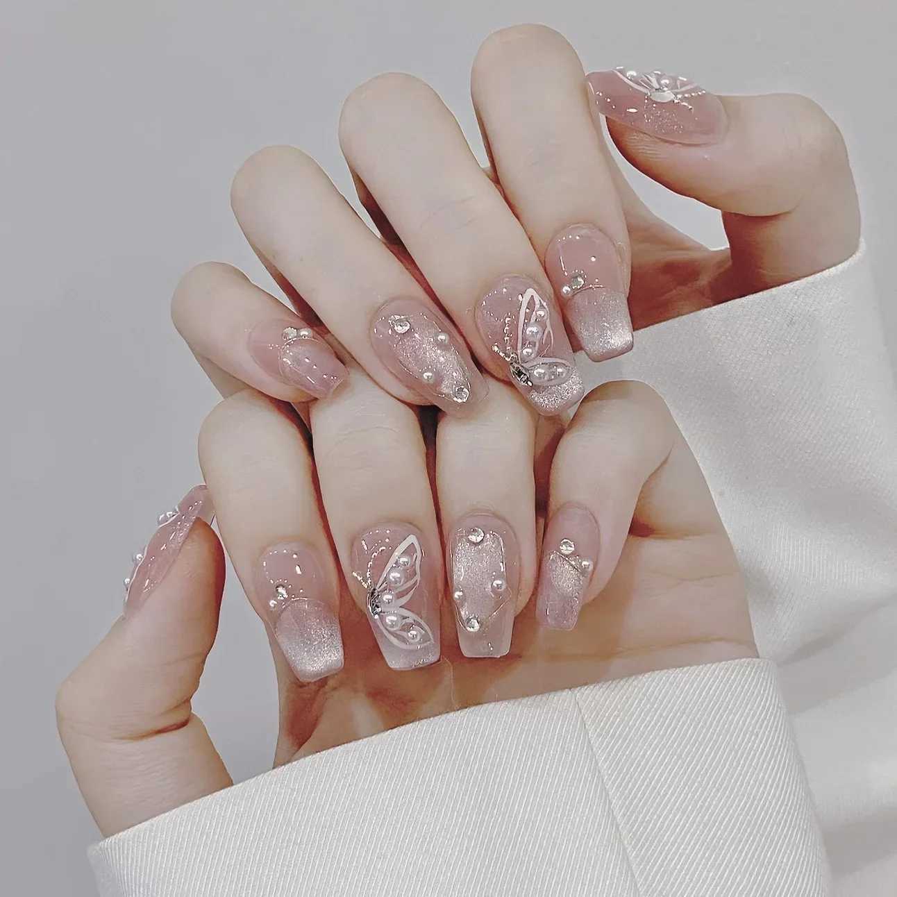 10Pcs Glitter Pink Fake Nail Long Ballet Handmade Nails Art Tip Detachable French Butterfly Design Finished Press on False NailsXJ241025