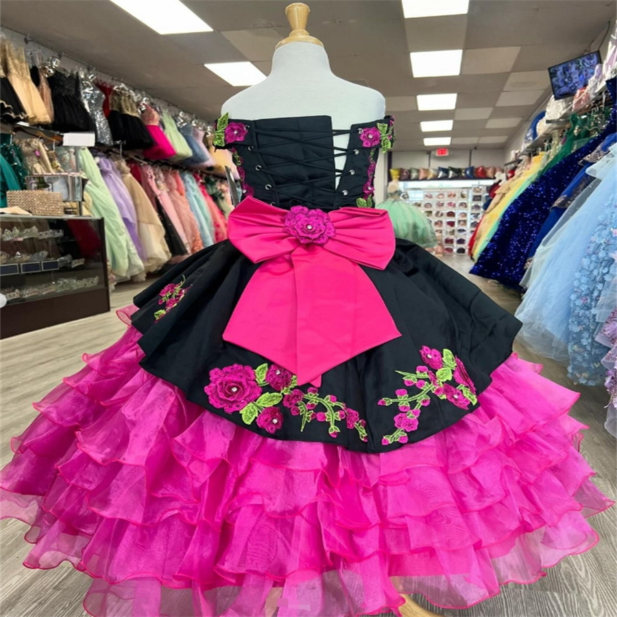 Hot Pink Charro Flower Girls Dresses 2025 Mexican Mariachi Toddler Escaramuza Kids Pageant Dress Luxury Baby Birthday Party First Communion Wedding Pa