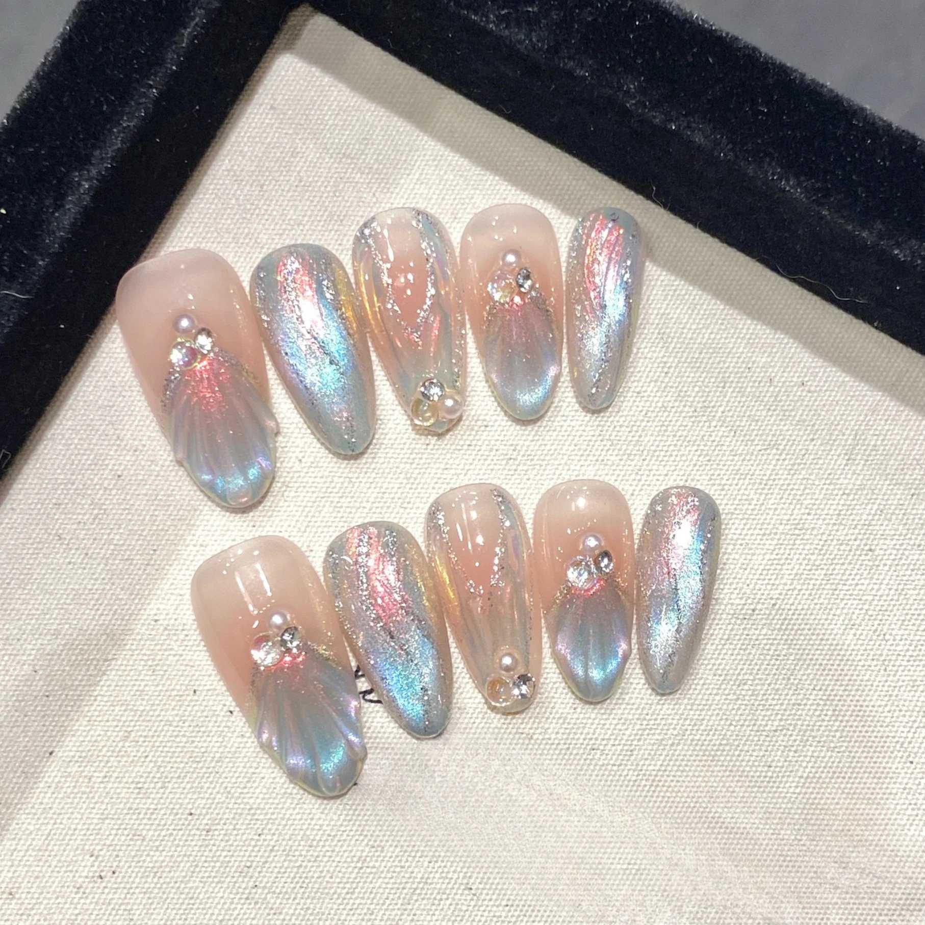 10Pcs Aurora Handmade False Nails with Jelly Glue Long Almond Fake Nail Art Shell Design Press on Nails Full Cover Manicure TipsXJ241025