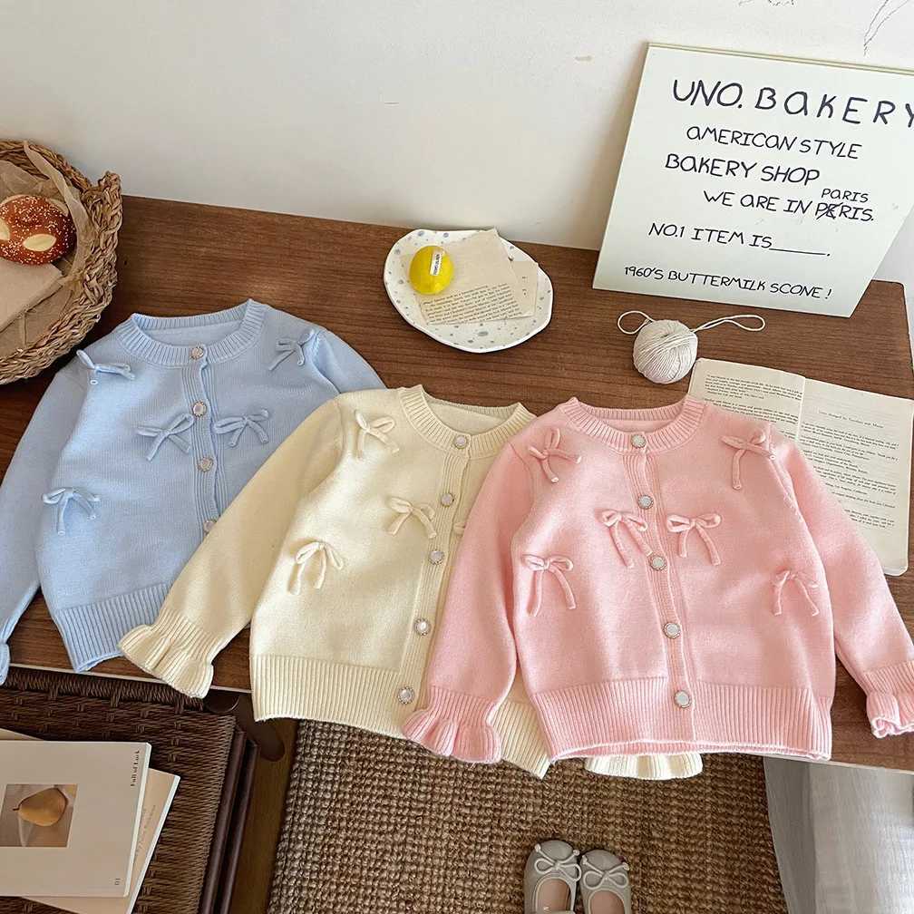 2024 Autumn/Winter New Girl Bow Knitted Open Collar Woolen Sweater Cute Baby Sweet Top Casual Fashion W241025