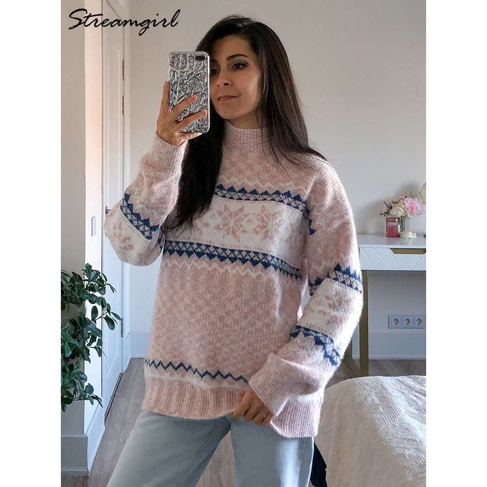 Streamgirl Thick Chenille Christmas 2023 Winter Half-High Collar Knit Pullovers Soft Warm Snow Sweaters For Women