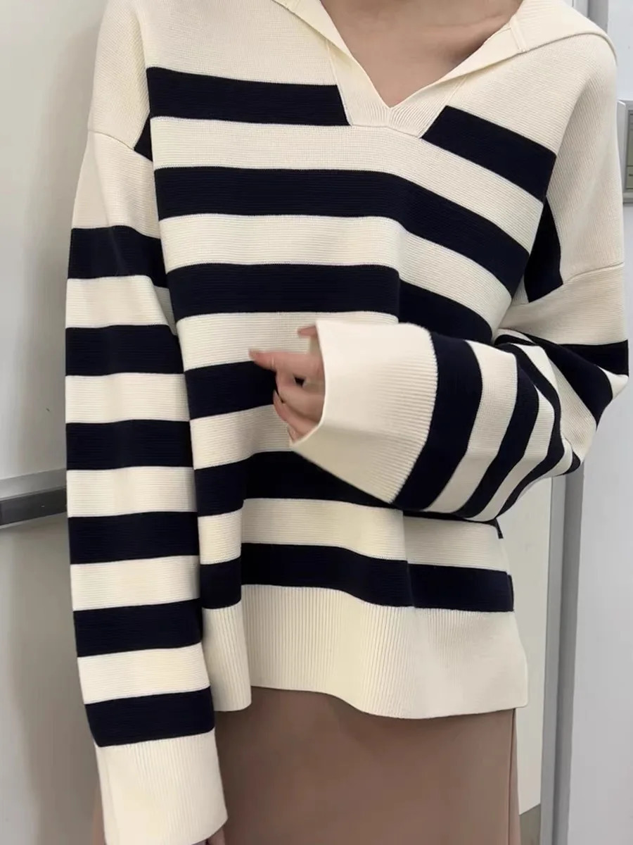 Womens Pullover AutumnWinter 100 Wool Sweater JapanKorea Loose Casual Knit Navy Collar Tops Striped Blouse 241021