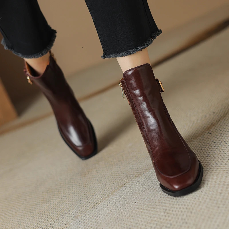 autumn womens boots square toe low heel womens shoes genuine leather retro brown ankle boots block retro leather boots 250225
