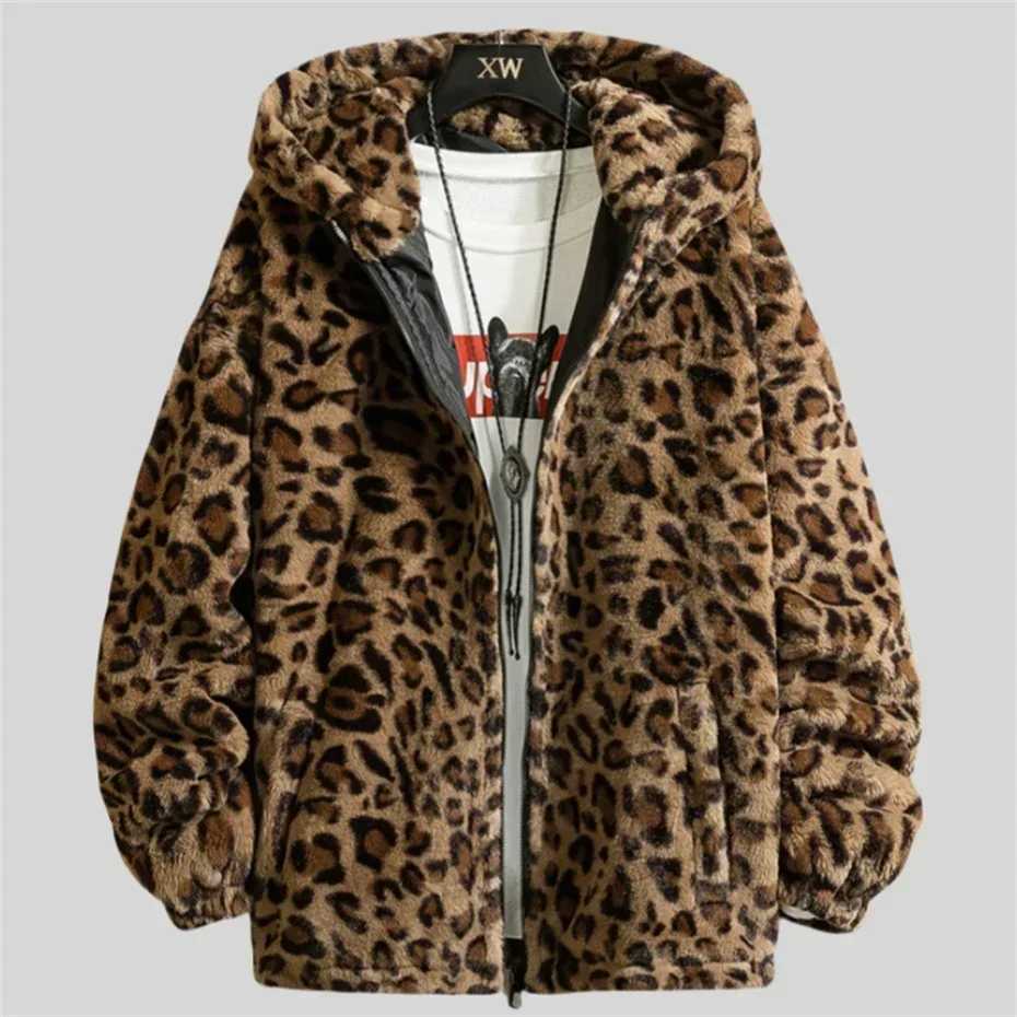 Mens winter Flce jacket leopard print wool jacket mens thick warm mens clothing oversized casual mens jacket W241024