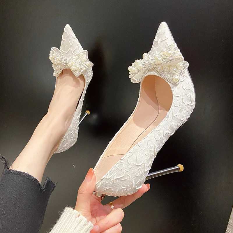 High Quality Rimocy Womens Sexy Stiletto Shoes Pearl Wedding Shoes Bridal Thin High Heels White Pump Womens Pointed Toe Dress Party Shoes T241024