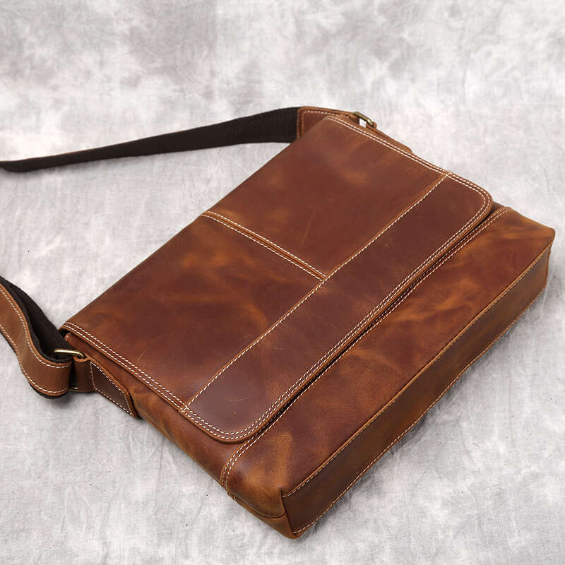 New Shoulder Retro Top Layer Cowhide A4 File Men's Brown Handmade Crazy Horse Leather Messenger Bag