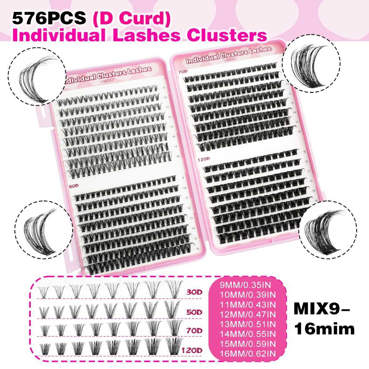 YSDO DIY eyelash extension kit 14/32P personal eyelash set D curled 9-16mm mixed 30D-120D eyelash clusters with adhesive and sealingW241024