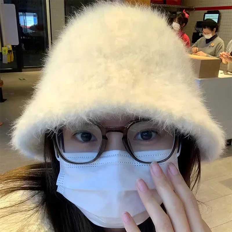 Rabbit Hair Fisherman Hat for Women Windproof Autumn-winter Basin Hat Head Round Plush Warm Black White Bucket Caps for WomenX241025
