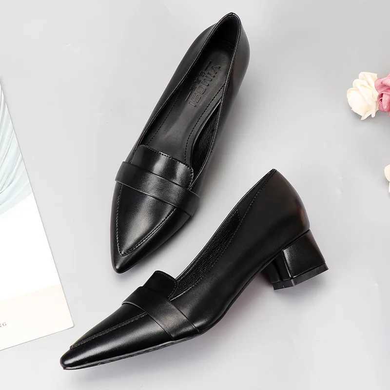 High Quality FI Womens Elegant and Simple Black Pump Soft Bottom Square High Toe Sewing Slide Office Shoes Comfortable T241024