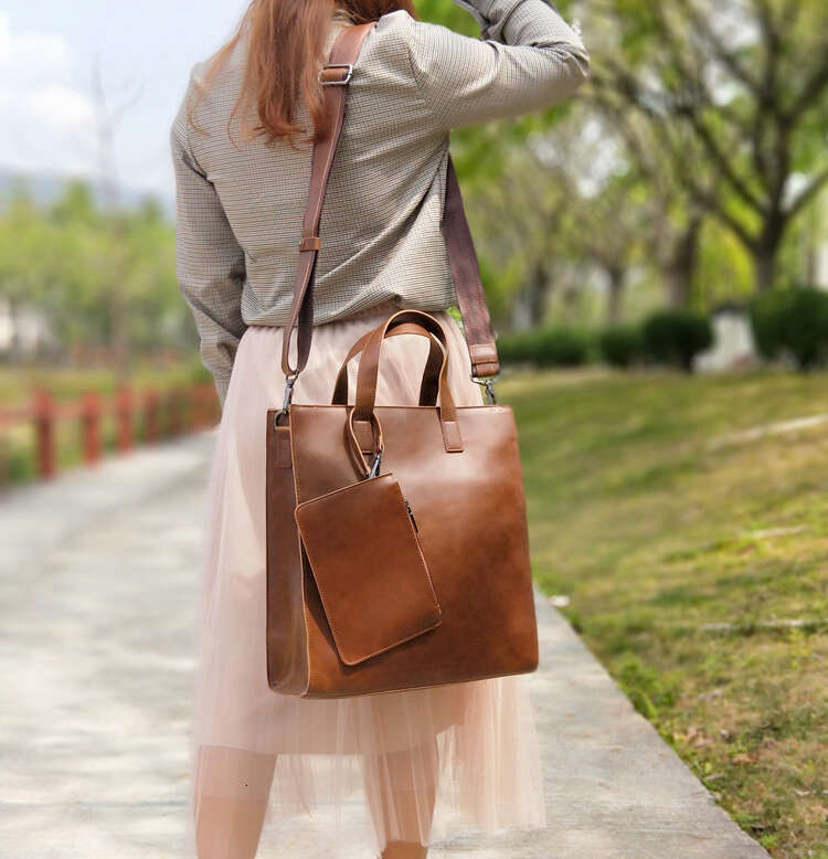 2024 New Women's Retro Shopping Handbag Female Vertical Section Laptop Briefcase Simple Big Leather Shoulder Messenger Bag
