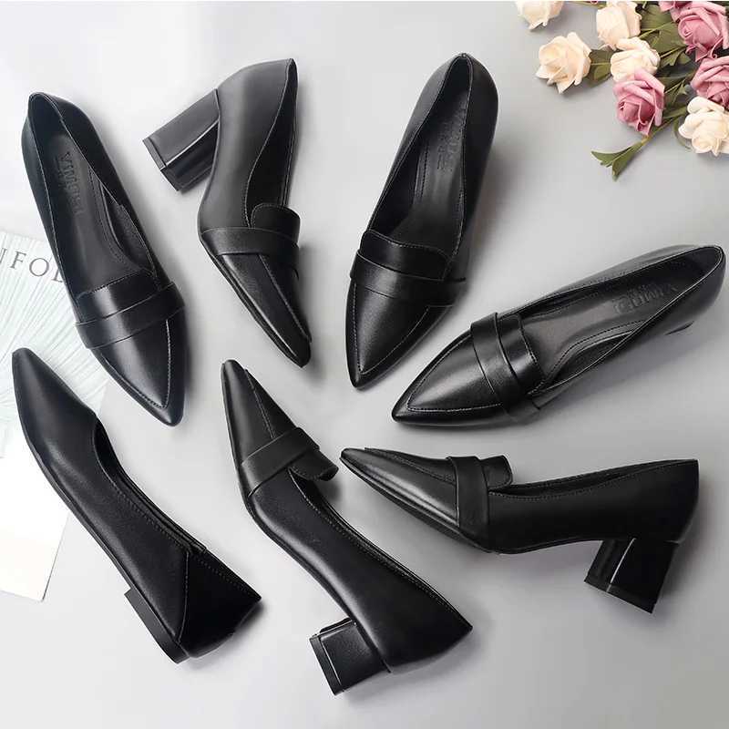 High Quality FI Womens Elegant and Simple Black Pump Soft Bottom Square High Toe Sewing Slide Office Shoes Comfortable T241024