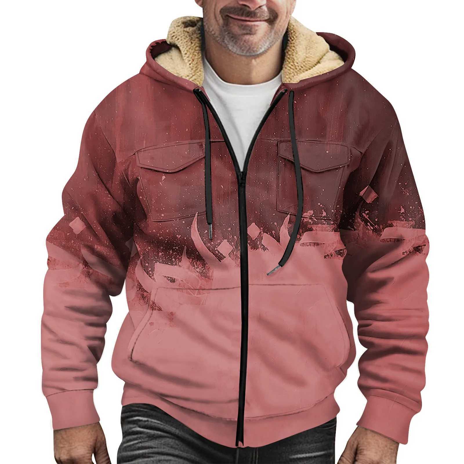 Winter Warm Hoodie Lambswool Hot Zipper Jacket Mens Windproof Thick Hoodie Plus Size Coat W241024