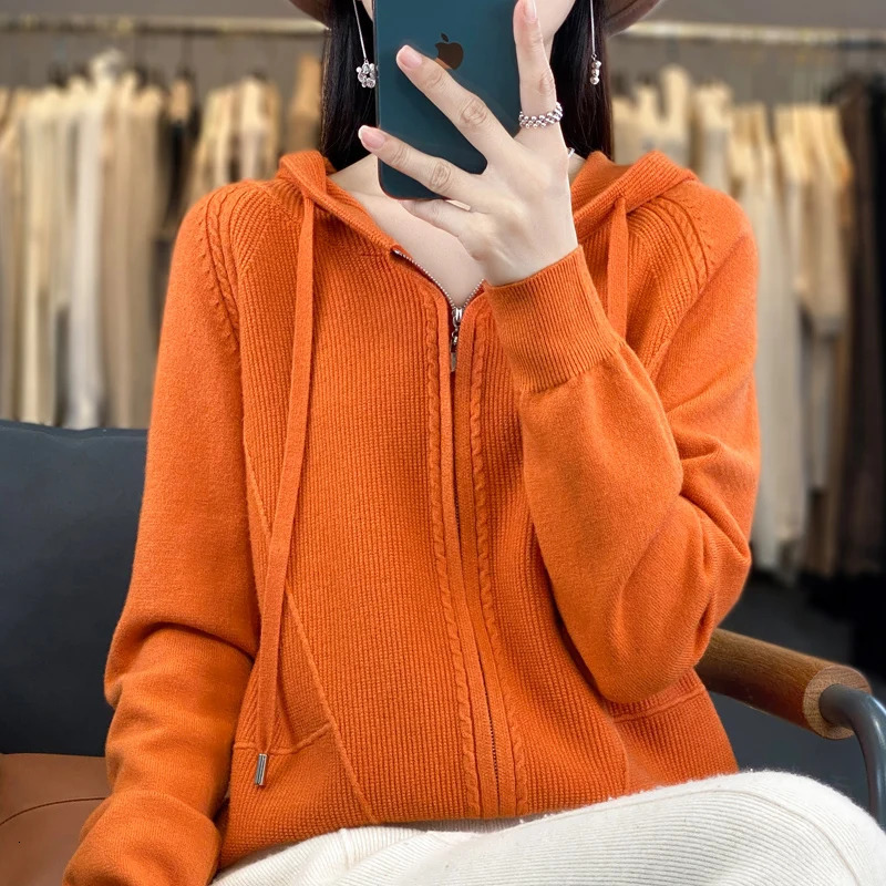 Autumn And Winter Womens Cashmere Sweater Solid Hooded Cardigan Fashion Women Thickening Knitted 241021