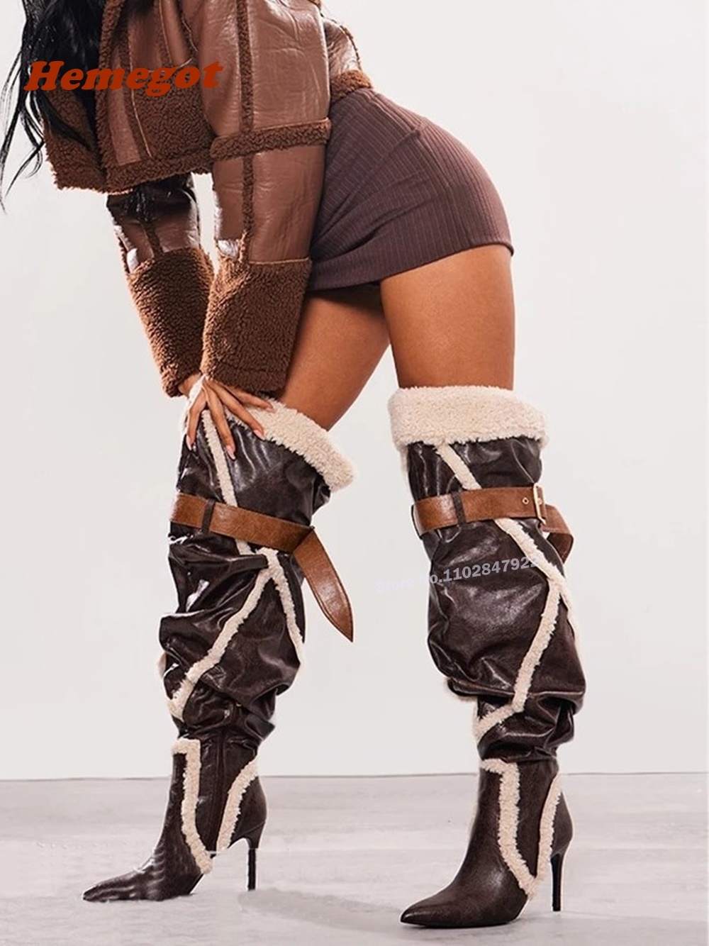 Patchwork Plush Leather Over The Knee Pointy Toe Stiletto Heels Belt Buckle Women's Long Boots Winter Brown Runway Shoes